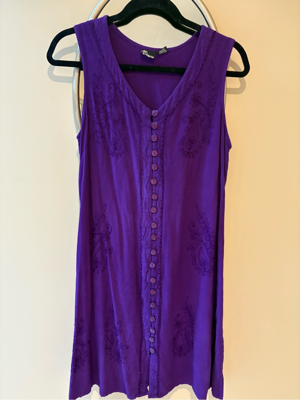 My Choice Purple Dress Breezy Rayon Embroidered Buttons Sleeveless Midi M